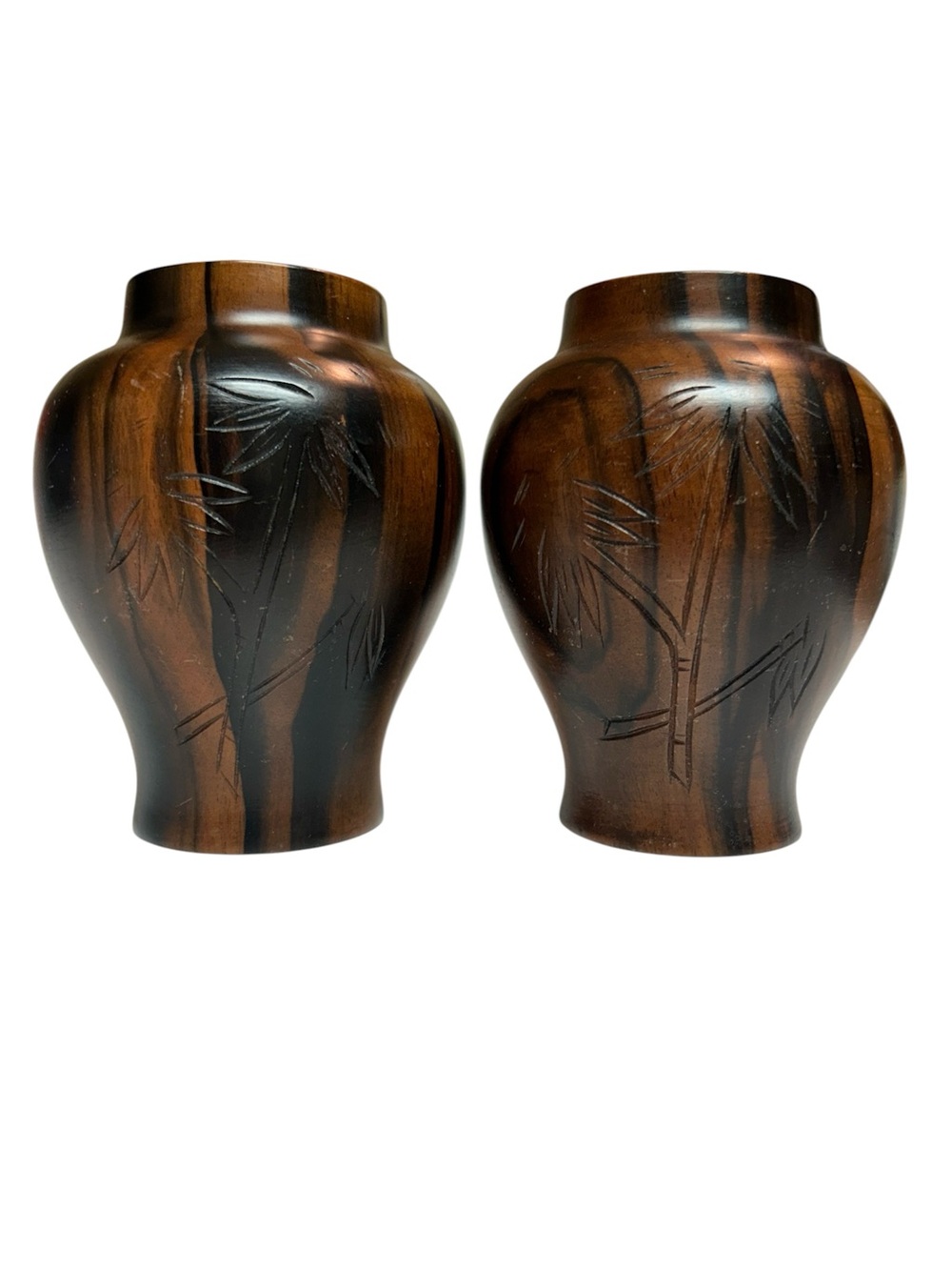 Handmade intricate carved dark wood vases with bamboo/Floral designs